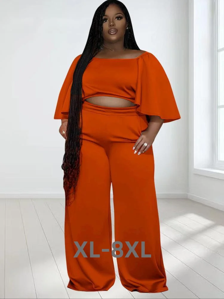 Plus Size Two Piece Sets Women Clothing Solid Off Shoulder Tops and Pants Wide Leg Matching Set Wholes 3xl 4xl 5xl 6xl