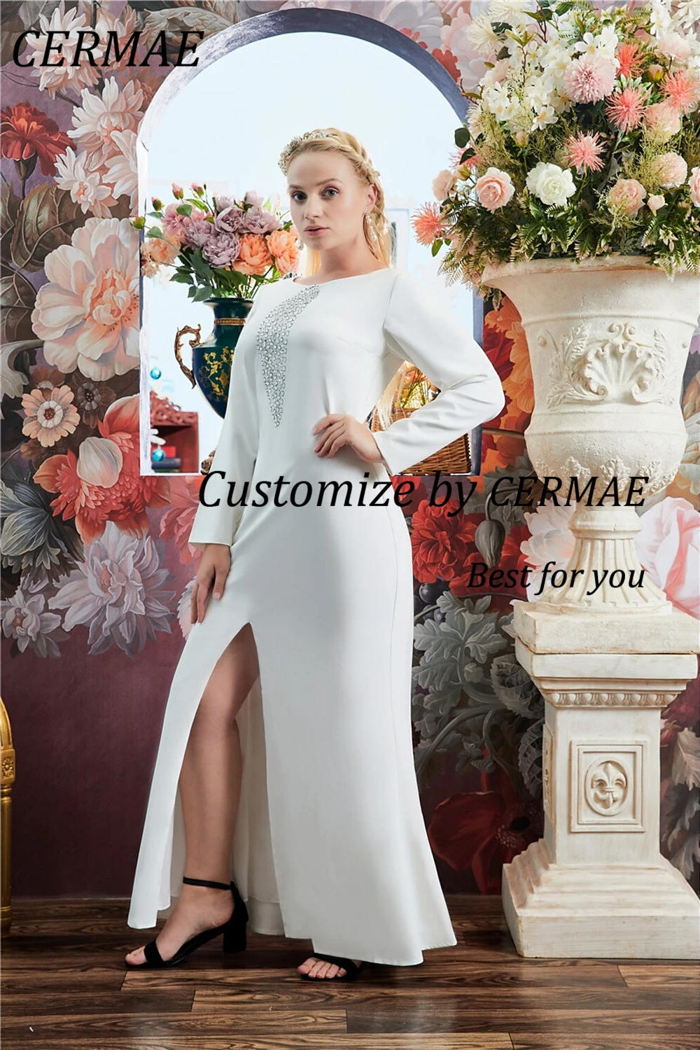 

CERMAE O-Neck Long Sleeves Diamond Chiffon Evening Gown Prom A-Line Party White Formal Dresses for Women 2023