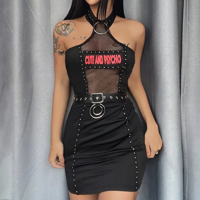 

Summer Fashion Slim Sexy Club Patchwork Mesh See Through Print Gothic Backless Skinny Mini Dresses Women Girl Bodycon Dress