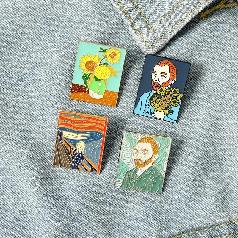 

Oil Painting Enamel Pins Custom The Scream Sunflower Van Gogh Brooches Bag Clothes Lapel Pin Badge Art Jewelry Gift for Friends