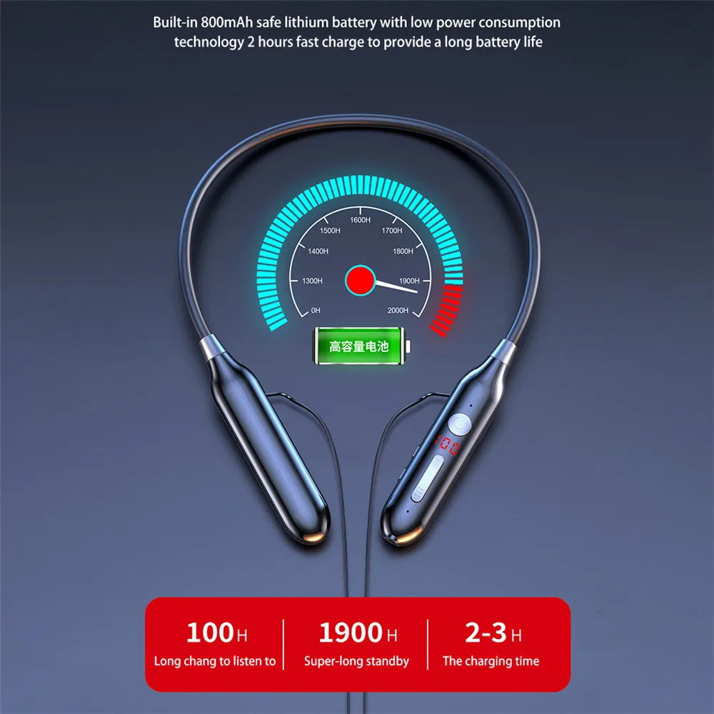 

LED Display earphones 100 Hours Endurance Bluetooth 5.0 Wireless Headphones Stereo Bass Neckband Power Headset Card