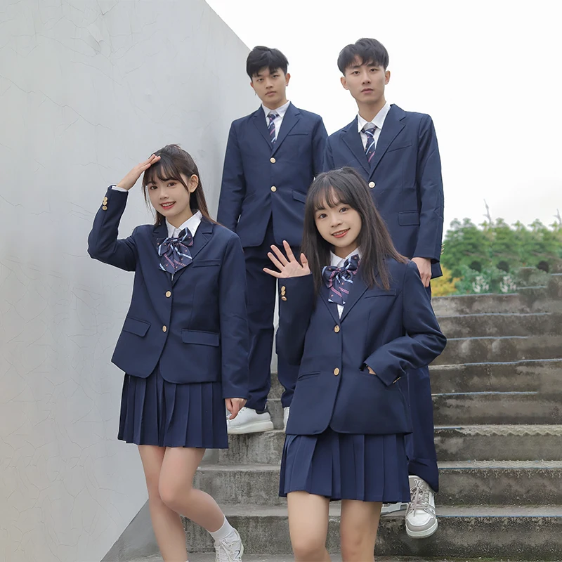 Korean Japanese JK Blazer High School Uniform Navy Coat Suit for Graduation Women School Clothes Girl Students Jacket Seifuku