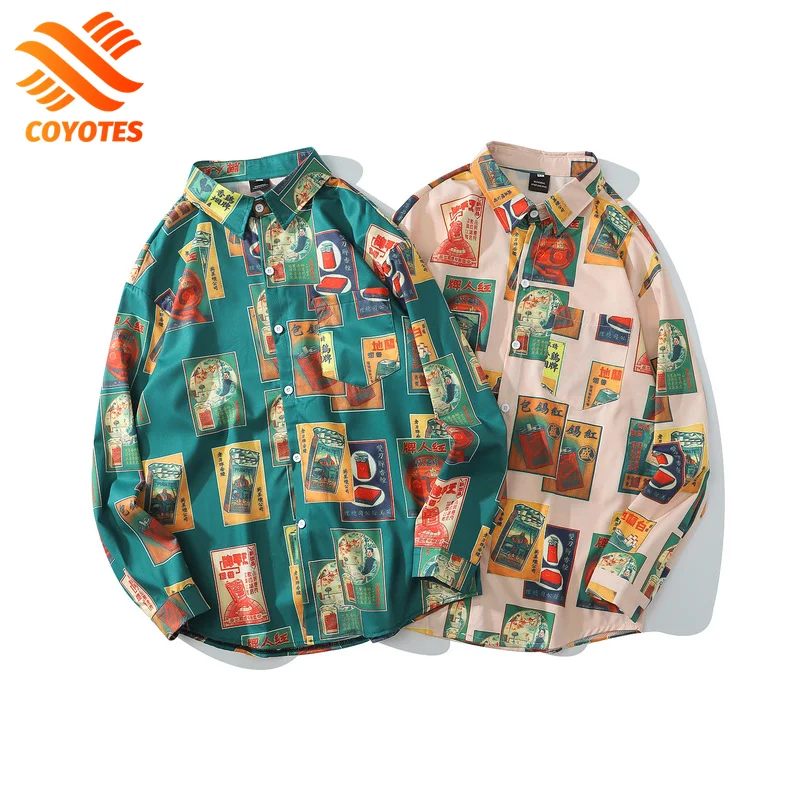 

COYOTES Vintage Shirts Men's Autumn Turn-down Collar Long Sleeve Print Shirts Streetwear Shirts For Man Casual Blouse