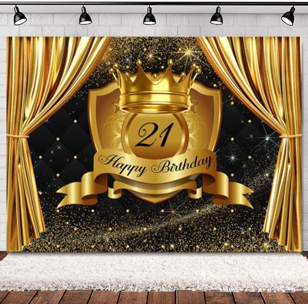 

Happy 21th Birthday Photography Backdrop Royal Crown Gold Curtain Background For Photo Studio Adult Theme Party Decor Banner