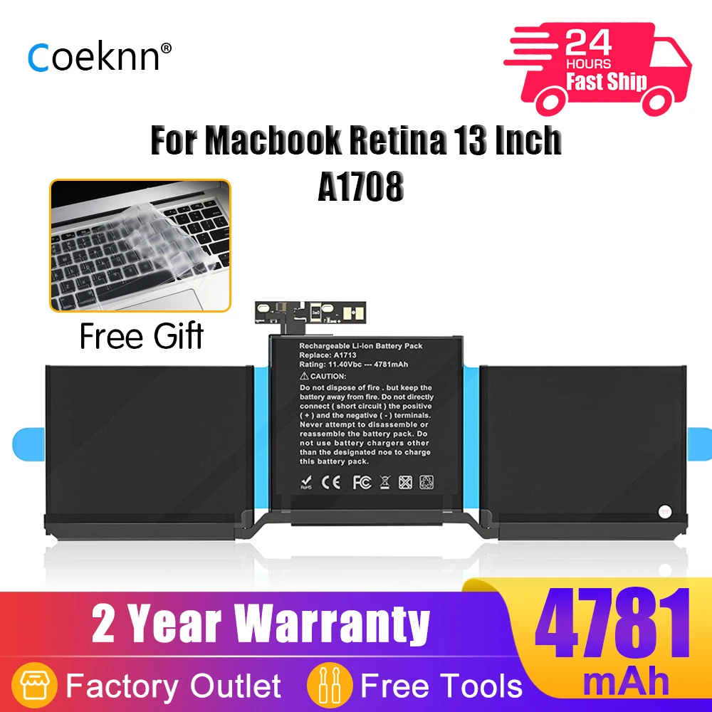 Аккумулятор Coeknn A1713 11,4 в для ноутбука Apple MacBook Pro 13 дюймов A1708 позже 2016 Mid 2017 EMC 2978 3164 020-00946 Longevite 4781 мАч