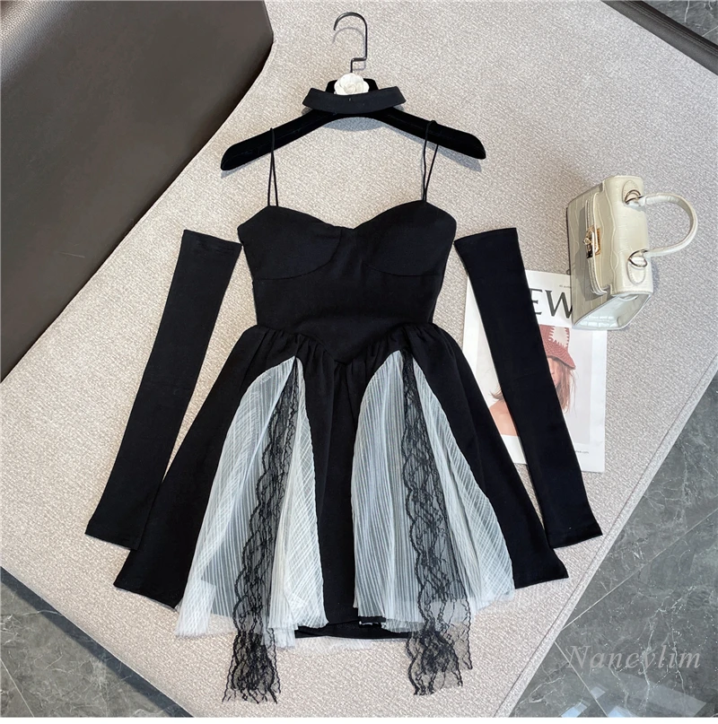

2022 Summer Ladies Dress Fashionable Sweet Oversleeve Lace Mesh Hem Sexy Strap Dresses Women's Outfits