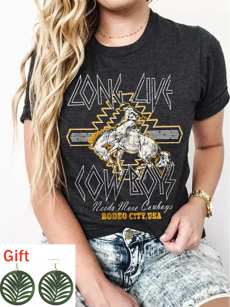 

Summer T-Shirts Women Long Live Cowboys Rodeo City USA T-Shirt Tee Short Sleeve Clothes Harajuku Tops Y2k Gift Pair Of Earrings