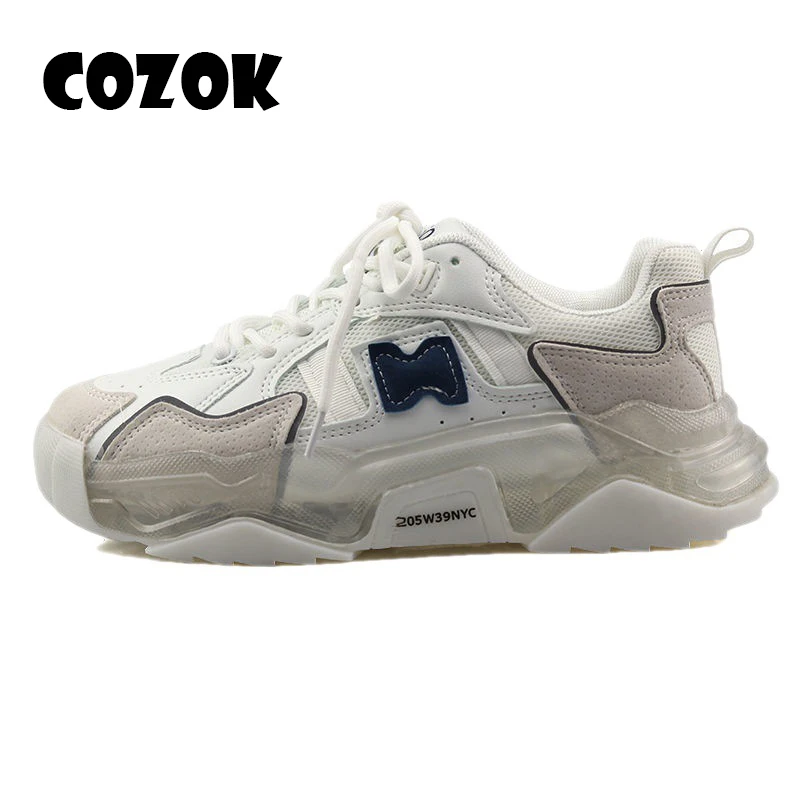 

2022 New Korean Women Sneakers Pu Leather Mesh Lace-up Thick Sole Sports Daddy Shoes Versatile Casual Platform Vulcanize Tennis