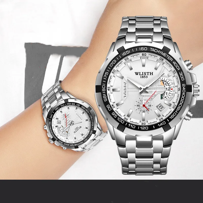 

Модные мужские часы из нержавеющей стали, роскошные кварцевые наручные часы с календарем, деловые часы для мужчин