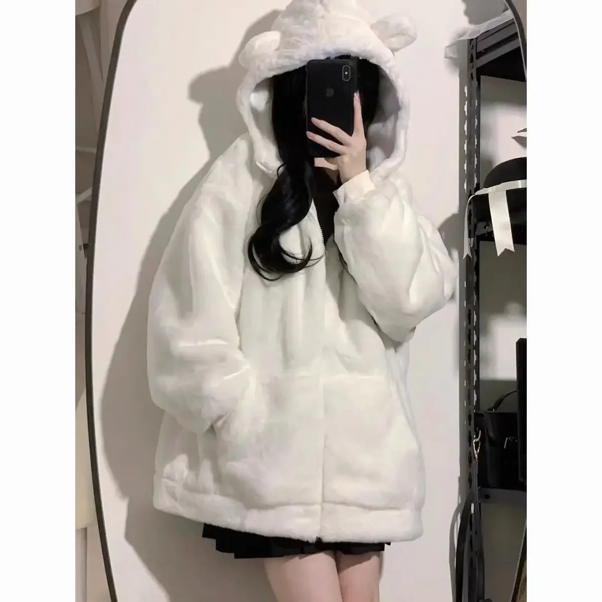 

Winter New Lolita Warm Jacket Women Sweet Soft Plush Thickened White Coats Girl Cute Bear Ears Hooded Parkas Youthful Outerwear
