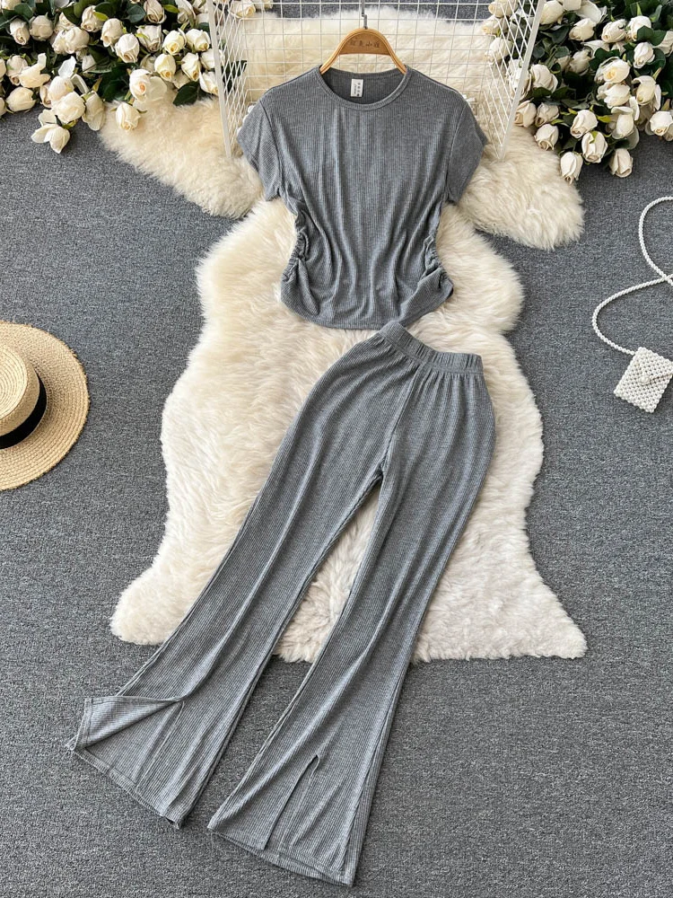 Fashion casual split flared pants two-piece suit women's 2022 summer new pleated slim short-sleeved top D1030