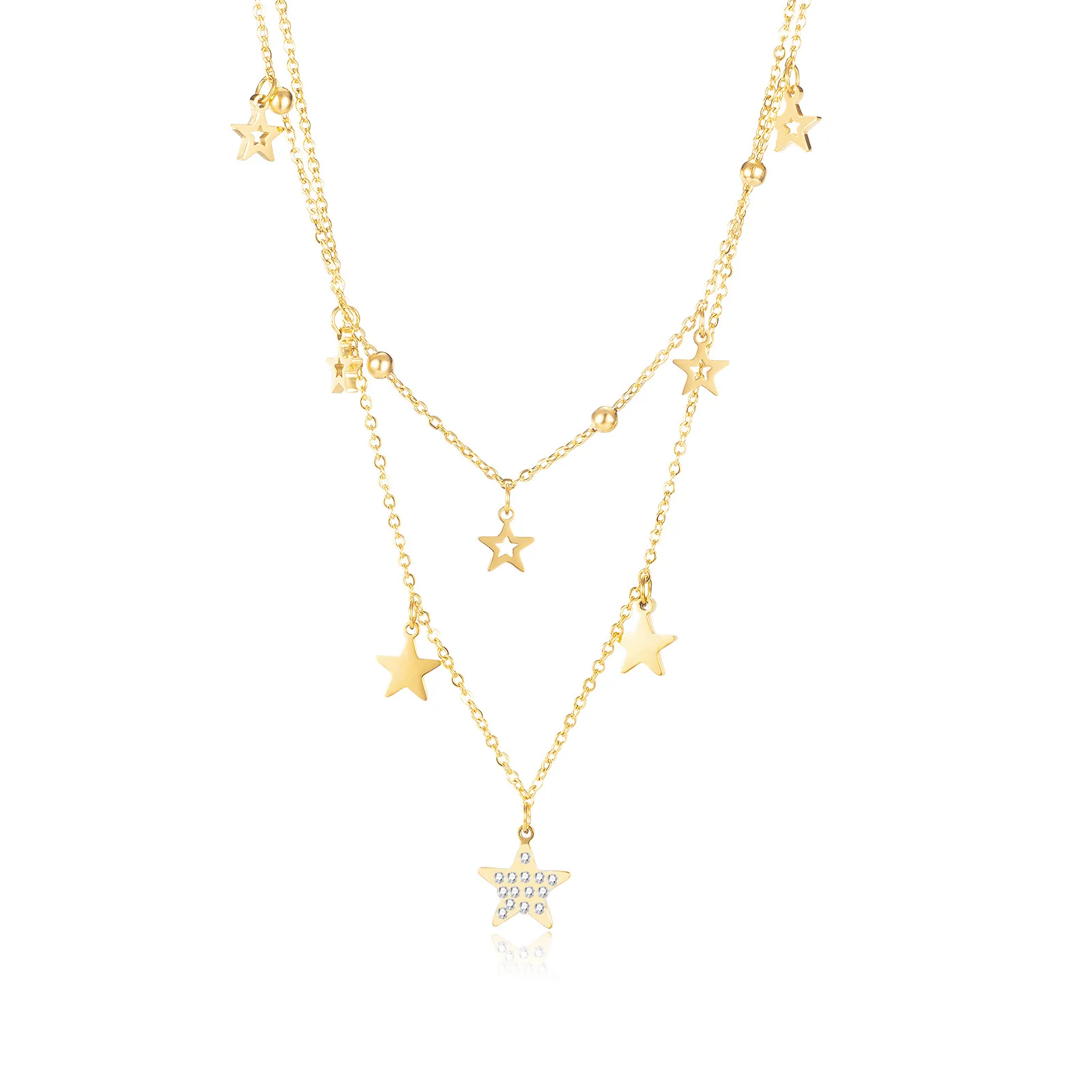 

Jewelry Niche Temperament Double Circles Star Inlaid Zircon Stainless Steel Necklace for Women