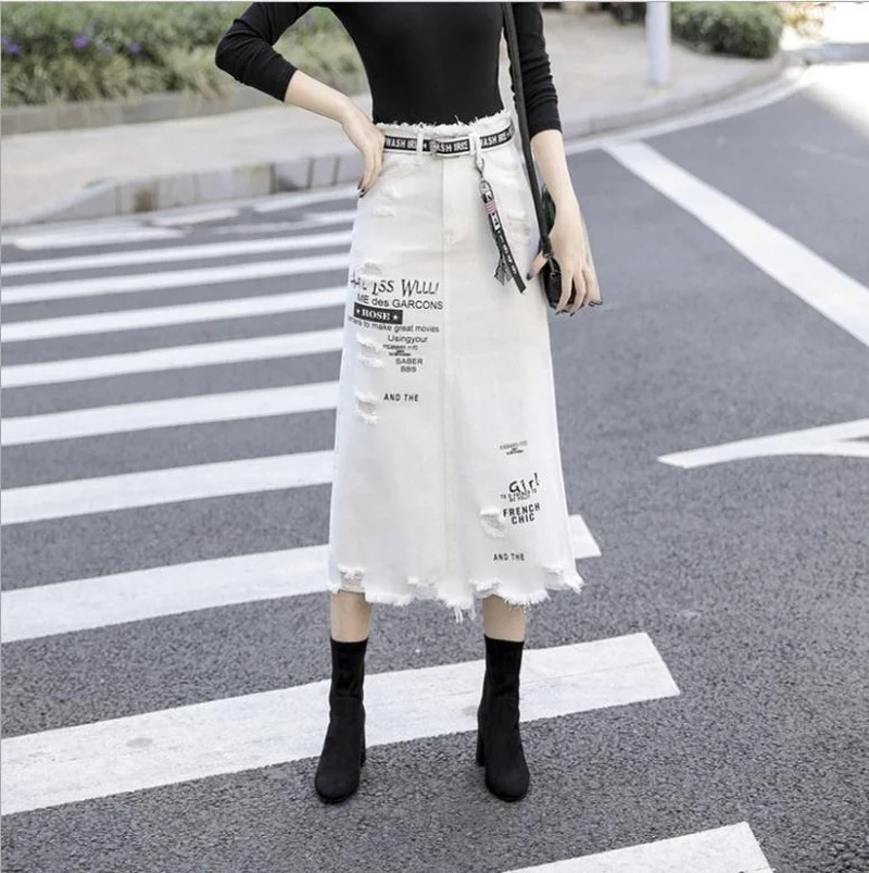 

Female Sexy Casual Letter Printing Ripped Denim Skirts Spring Women Fashion High Waist Large Size A-Line Hole Jean Skirts White