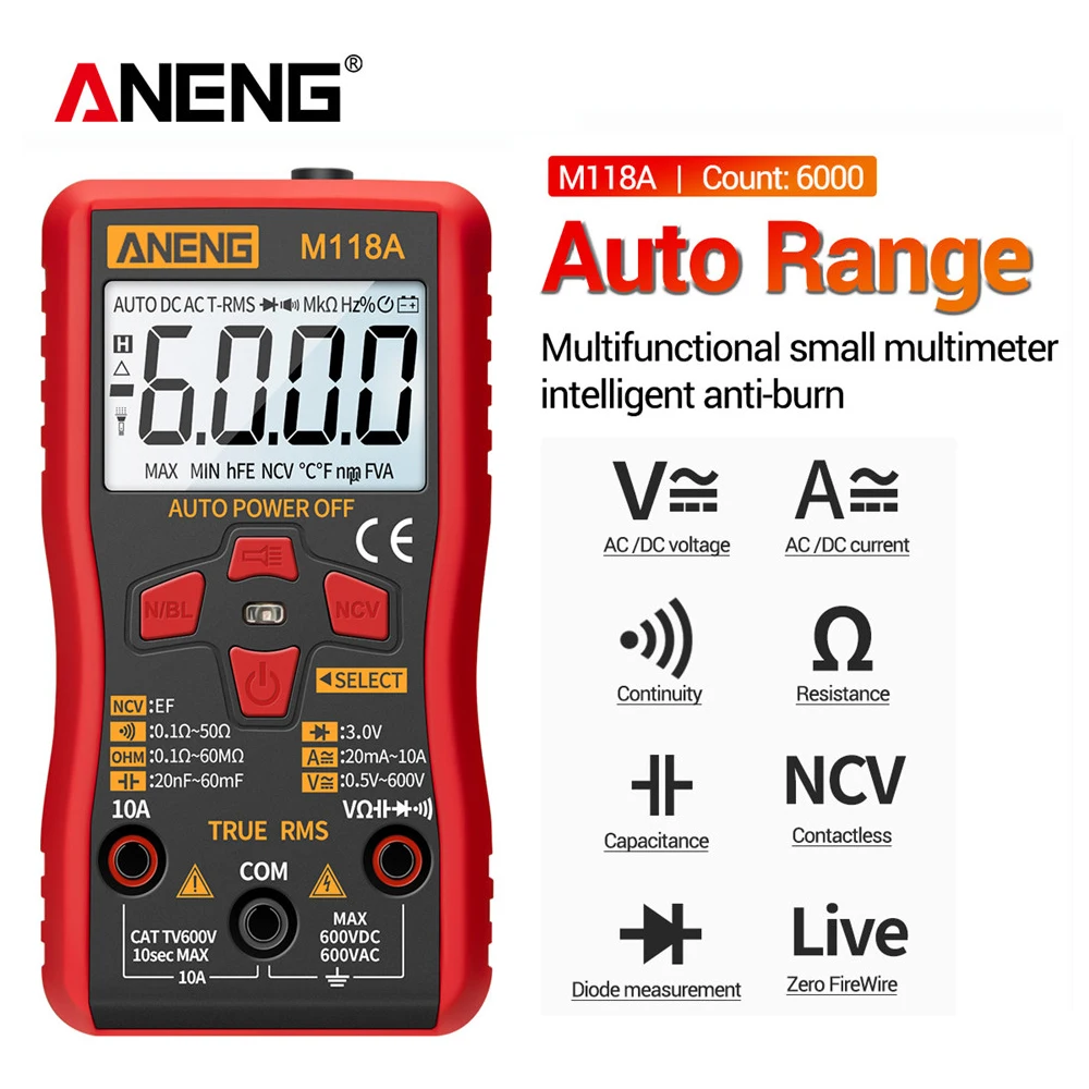 ANENG M118A Digital Mini Multimeter Tester True Rms Auto Mmultimetro Tranistor Meter with NCV Data Hold 6000 Counts Flashlight