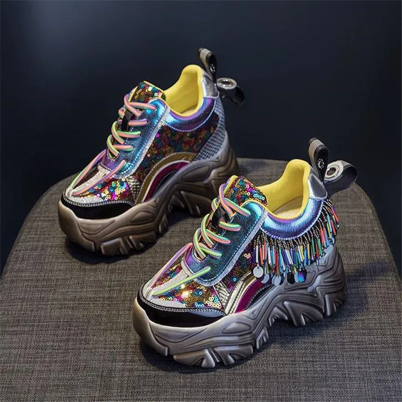 

2022 New Women Glitter Tassel sheet metal Sneakers Casual Female Lace Up Platform Shoes walking shoes