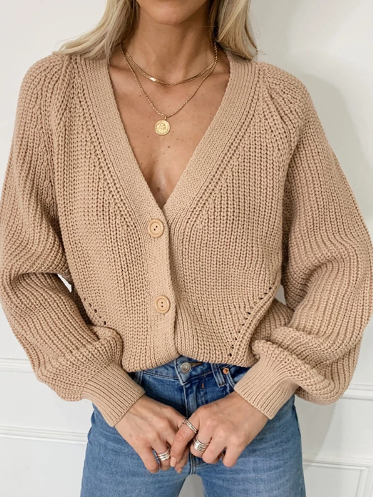 

Autumn and Winter New Sweater Women's Cardigan Solid Color V-neck Lantern Sleeve Button Knitted Cardigan Oversized Cardigan