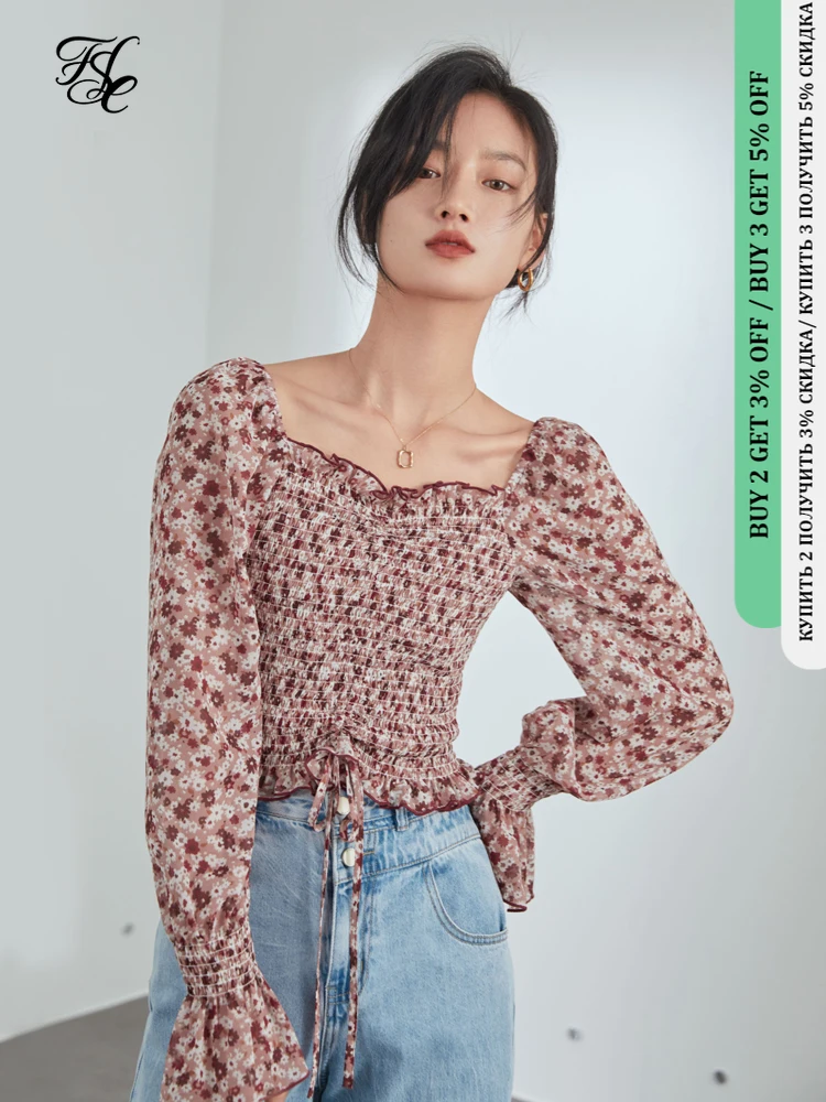 

Женская шифоновая блузка с цветочным принтом fansilzin, Весенняя Элегантная блузка в стиле бохо с расклешенными рукавами и оборками, 2021