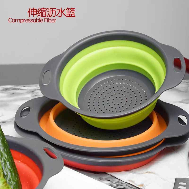 

Kitchen Storage Gadgets Silicone Folding Retractable Round Colander Fruits Vegetables Washing Drain Basket L+s 2pc/set