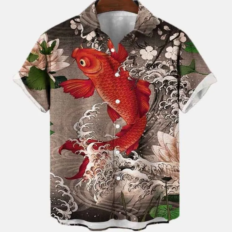 3D Men's Floral Casual Social Summer Hawaiian Short Sleeve Shirt Street Koi Carp Luxury Blouse Outdoor Clothes Top Fit Camisa