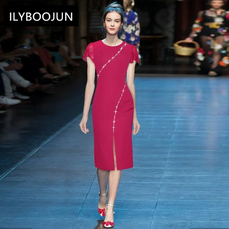 

2021 Fashion Runway Summer Sheath Dress Women's Splicing Lace Short Sleeve Beading Package Hip Split Slim Midi Dress