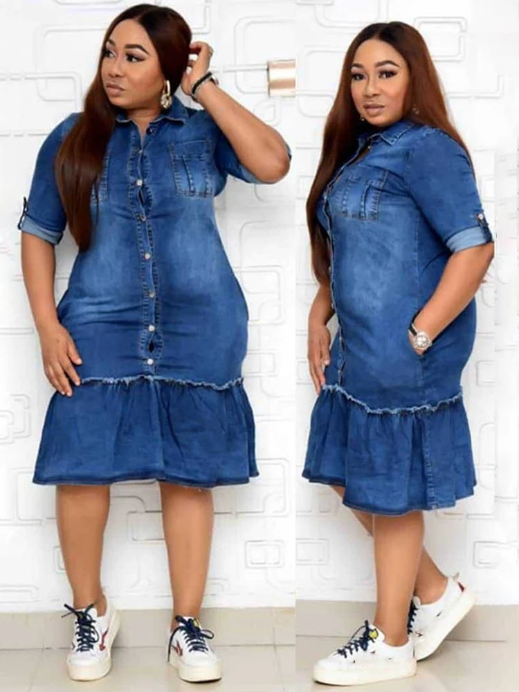 

MD Women Fashion Denim Ruffle Dresses African Ankara Dashiki Short Sleeve Midi Robe Summer Dress Hippie Clothes Vetement Femme