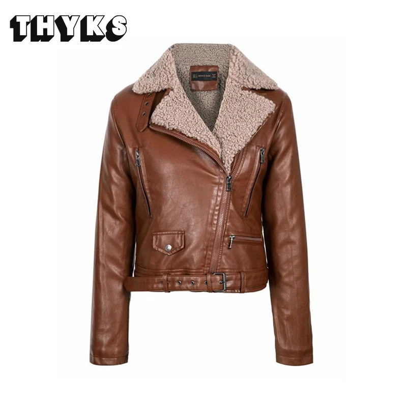 

Женская мотоциклетная кожаная куртка из искусственной овчины, зимняя теплая ретро кожаная куртка ZA, толстая флисовая куртка с шортами