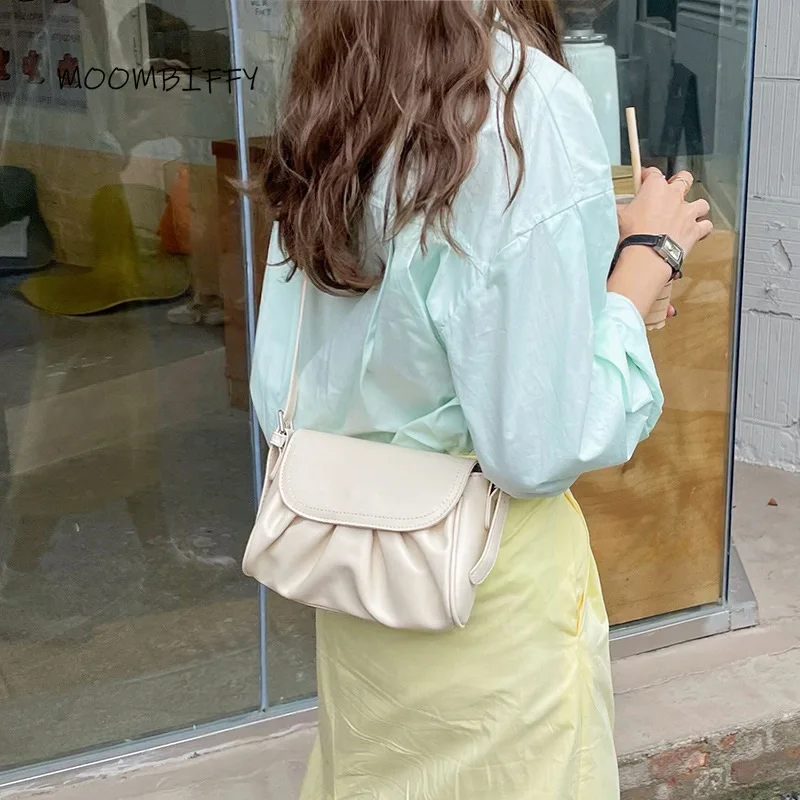 

New Custom Small Cloud Handbag for Women College Style Soft Waxy Folded Underarm Bag One Shoulder Diagonal Bags Bolsos Gifts