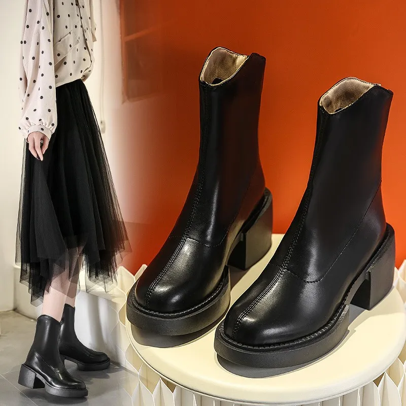 

Ботинки модные женские ботинки из искусственной кожи ботинки на толстой подошве на толстом каблуке теплые Нескользящие женские ботинки челси на молнии сзади