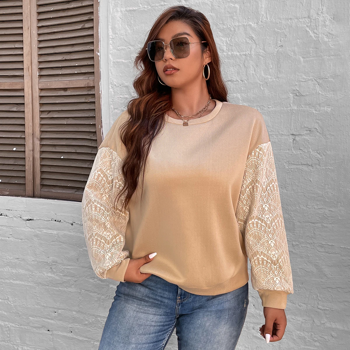 Plus Size Women's Sweater Winter 2022 Fashion Grey Lace Ladies Sweaters O Neck Long Sleeve Pullovers Loose Large Size Clothing