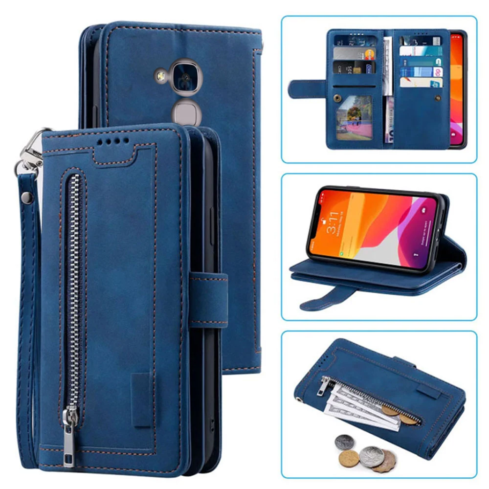 

9 Cards Wallet Case for Huawei GT3 Honor 5C Phone Case Card Slot Zipper Flip Folio with Wrist Strap for Huawei Honor 7 Lite