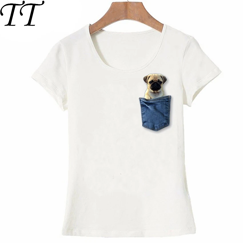 

Pug in my pocket T-Shirt Summer Fashion Women t-shirt Funny Dog casual maiden Tops Blue Fake pocket T Shirts cute female Tees