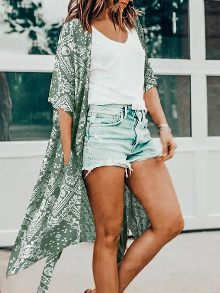 

Летняя туника ZANZEA с коротким рукавом, цветочное кимоно 2023, модные пляжные кардиганы, женская блуза с принтом, накидка, Женский Повседневный ...