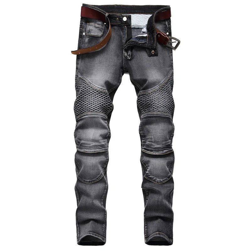 Men Jeans Vintage Jeans Trousers Men's Casual Ripped Jeans Washed Straight Slim Pleated Motorcycle Biker Jeans Pants Streetwear