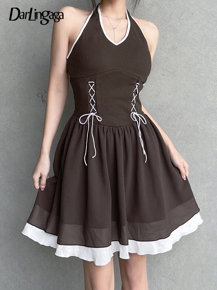 

Darlingaga Harajuku Brown Halter Mesh Patchwork Pleated Dress Summer Lace Up Backless Retro Off Shoulder Sundress Contrast Color