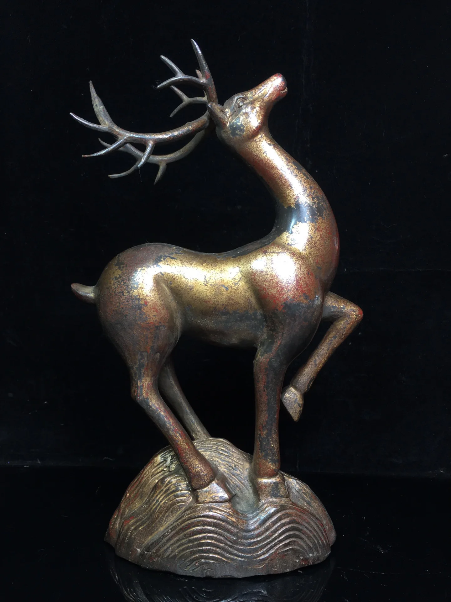 

12" Tibetan Temple Collection Old Bronze Cinnabar mud gold deer statue uphill deer Gather fortune office ornament Town house