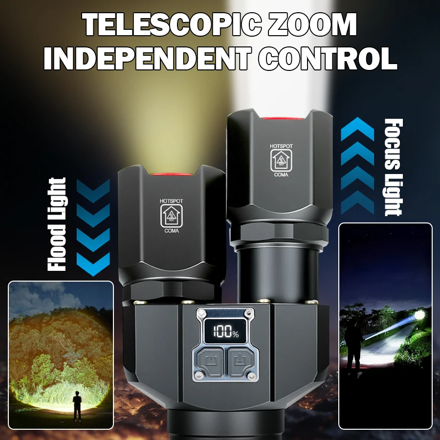 Фото Мощный светодиодный фонарь C2 с двойным источником света, USB-перезаряжаемый, с зумом, белый/желтый свет, дальнобойный, с 4 аккумуляторами 18350 №2