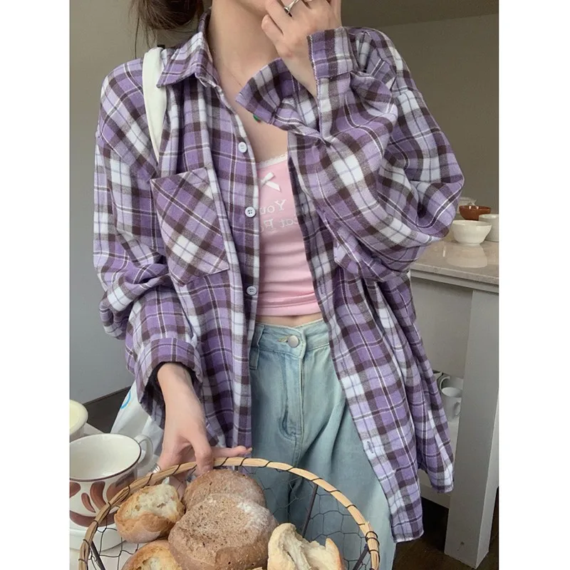 Женская клетчатая рубашка Повседневная однобортная блузка с отложным