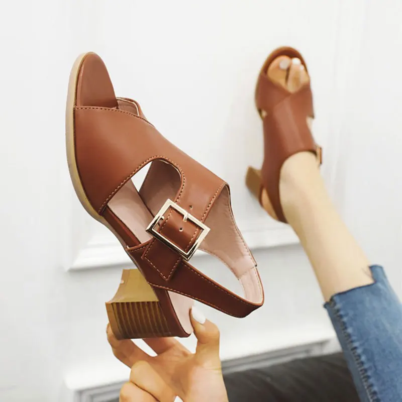 

Buckle Beige Heeled Sandals Med Female Shoe Large Size Open Toe 2022 Summer Black Medium Block Girls Big Fashion Peep Comfort Ba