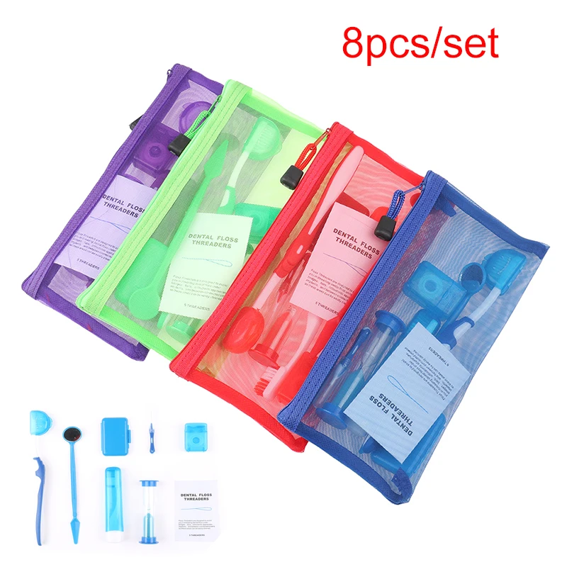 

8Pcs Dental Teeth Orthodontic Kits Oral Cleaning Care Whitening Tool Suit Interdental Brush Floss Thread Wax Mirror 4 Colors