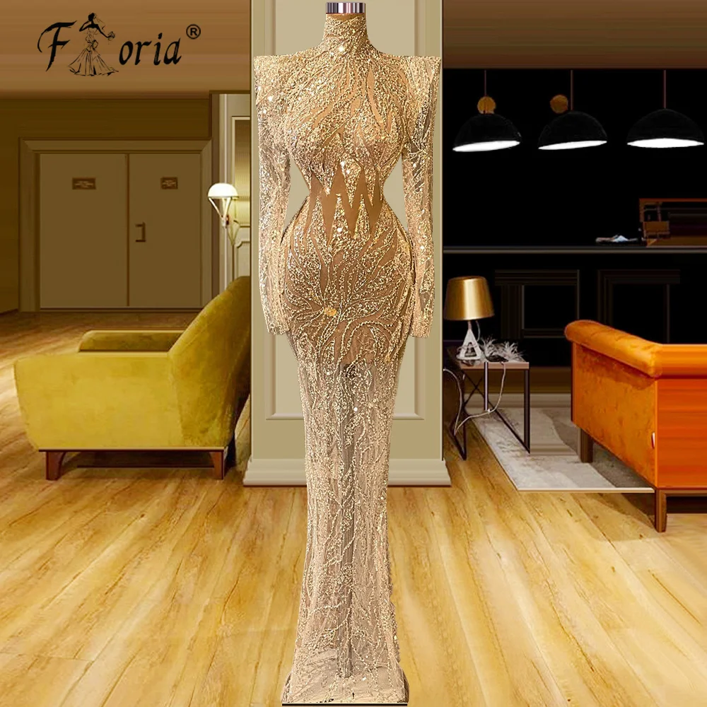 

Женское вечернее платье-русалка, блестящее золотистое прозрачное кружевное платье с высоким воротом и длинным рукавом, бальное платье с блестками для выпускного вечера, 2022