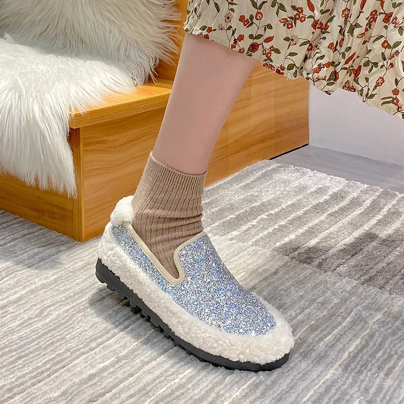 Winter Cotton Shoes Bling Sequins Lambswool Women Loafers Warm Plush Comfy Curly Sheep Fur Flats Mocasines Mujer