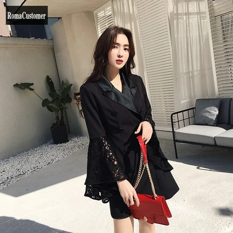

Spring New Womens Black Slim Trend Fashion Flare Sleeve Blazer Female Suits Double Breasted Lace Spliced Elegant Long Jackets