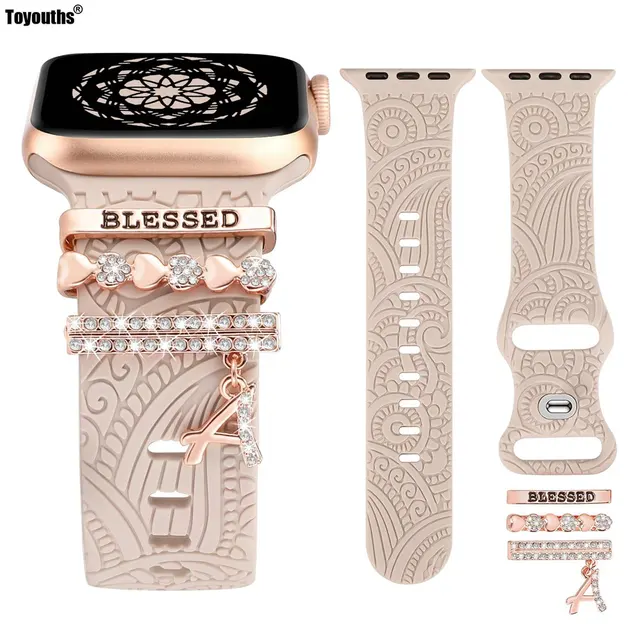  VISOOM Watch Charms Compatible for Apple Watch Band  40mm/38mm/41mm Series 8 7 SE 6/5/4 Women Fashion Cute Floral Engraved  Silicone Watch Strap Decorative Ring Loop for iWatch Bands Series 3/2/1 