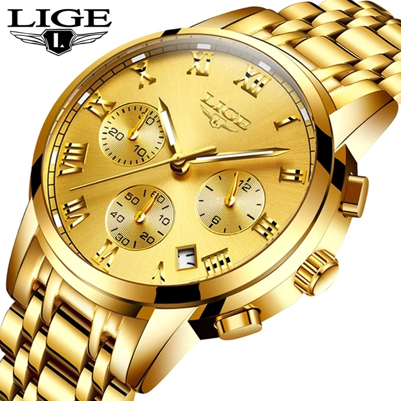 

Relogio Masculino LIGE Gold Watches Men Top Brand Luxury Fashion Quartz Wristwatch Analog Chronograph Man Watch Waterproof Clock