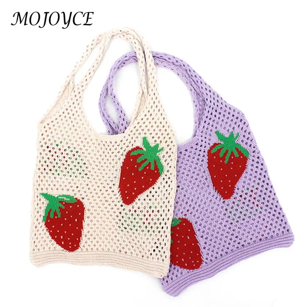 Fashion Korean Knitted Women Shoulder Tote Bags Summer Strawberry Mesh Hollow Crochet Shopping Bag Casual Beach Straw Handbags