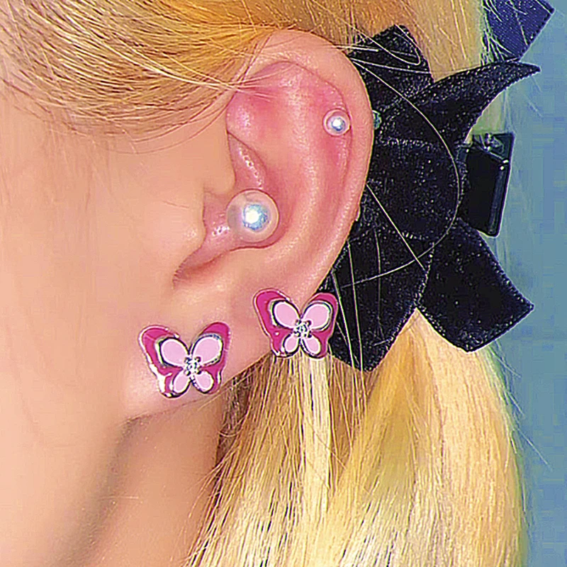 

Korean Fashion Pink Butterfly Crystal Stud Earrings Kawaii Accessories Charms Copper Earrings for Women Y2K Jewelry Punk Cute