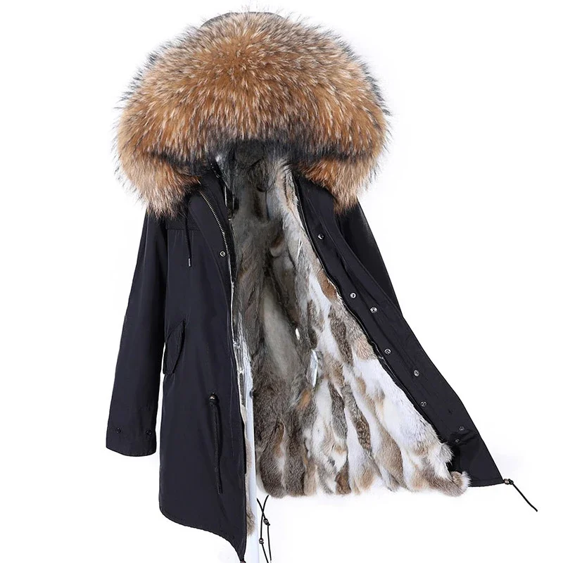 

2023 Winter Women Long Rabbit Fur Lining Hooded Parka Large Raccoon Fur Collar Warm Coats Style Detachable Thick Warm