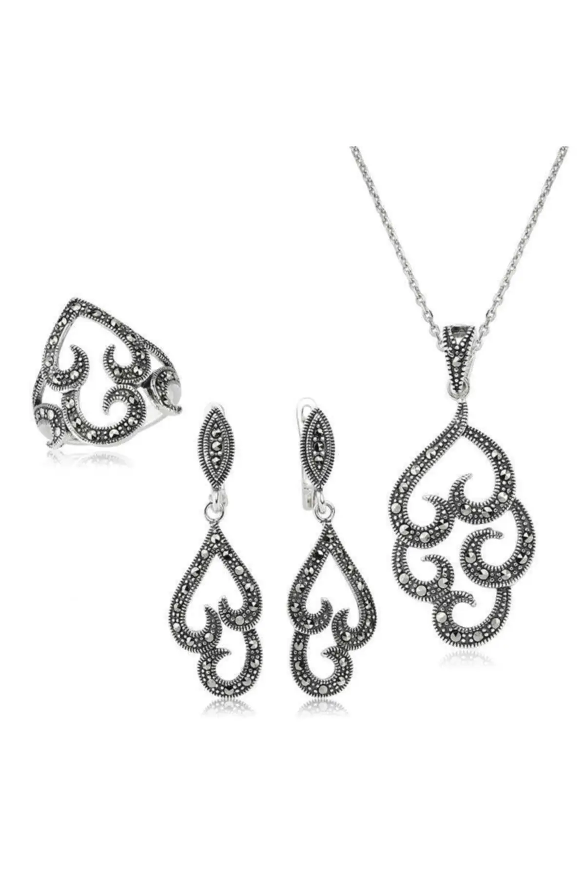 

Women Silver Marcasite Sterling Set earrings necklace ring