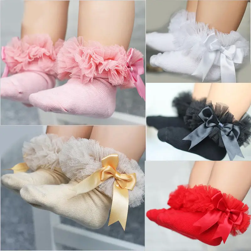

Baby Girls Socks with Bow Tie Lace Ruffle Princess Cotton Sock with Ribbons Multi Colors 2-8Years Children Princes Socks Clothes