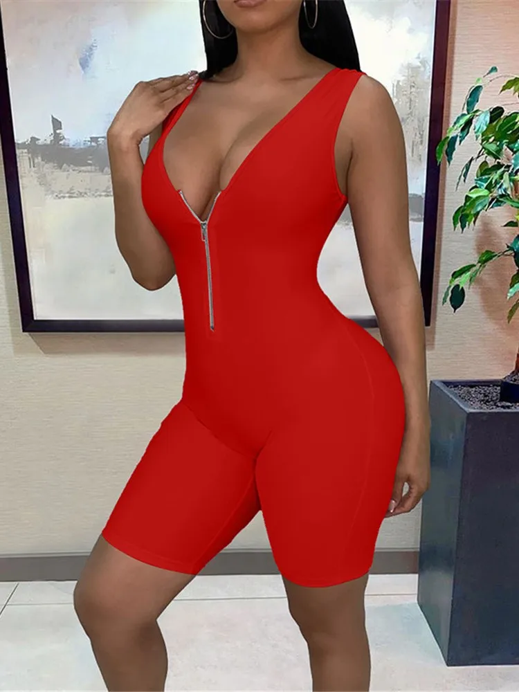 

Sexy Playsuit Women Zip Up Jumpsuits For Women 2022 Sleeveless V Neck High Waist Black Rompers Bodycon Jumpsuit Shorts Clothing